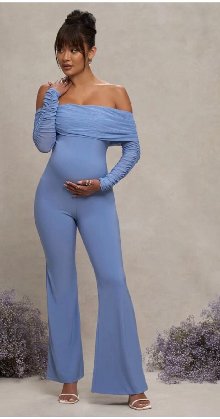 Club L London COUNT DOWN Powder Blue Maternity Ruched Mesh Bardot Jumpsuit 6 NWT